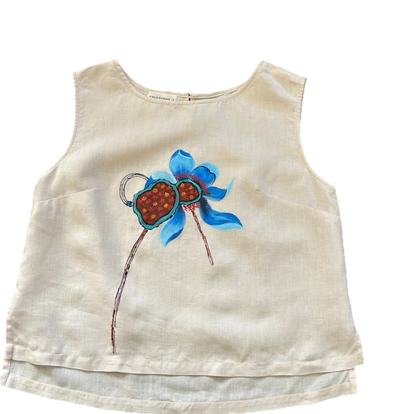 Tops - Hand Painted Floral Tank Top Linen Size Large Color Beige